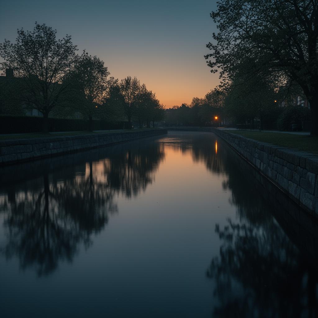 Kvällsljus över en stilla kanal — reflektioner i vatten