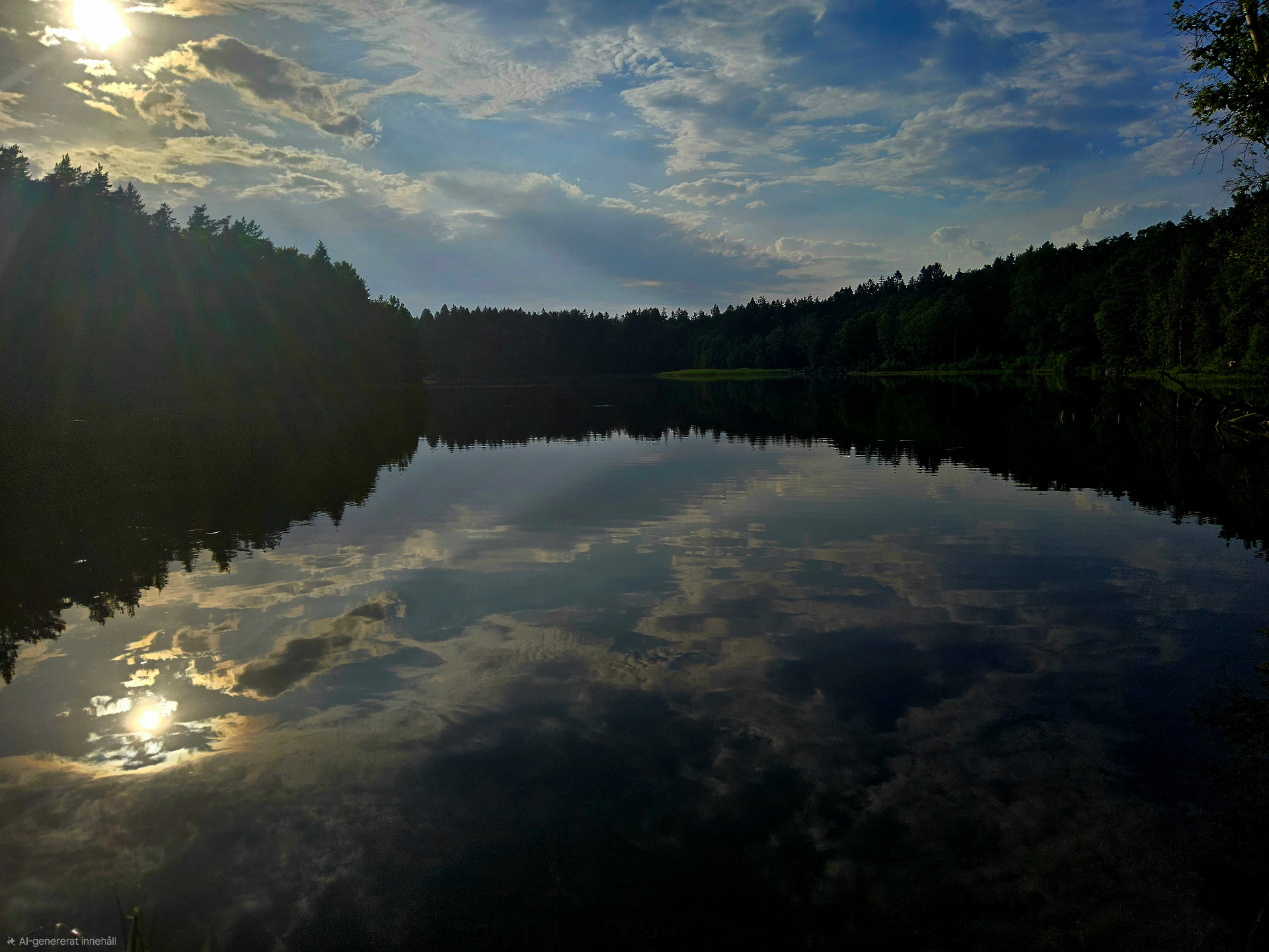Spegelblank sjö omgiven av skog — Doritea OS signaturbild