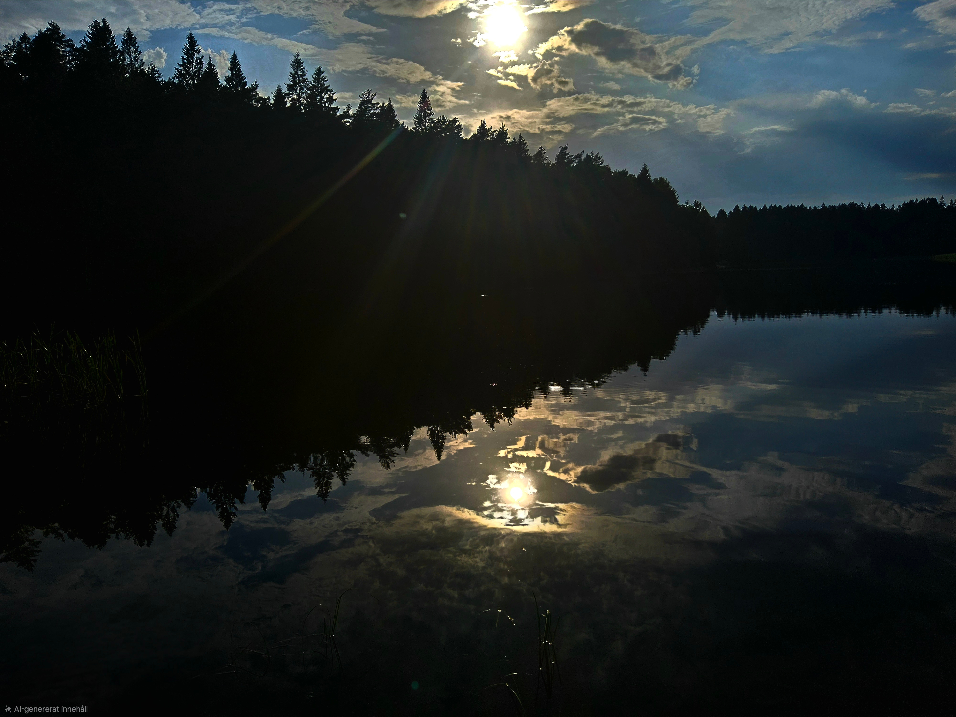 En spegelblank skogssjö där himlens moln och sol speglas i vattnet — kvällsljus över Doriteas filosofi om återhämtning