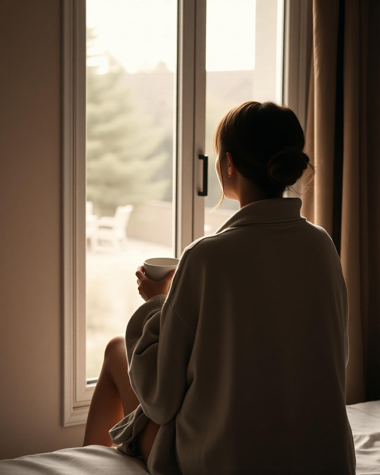 Person i linne vid fönster i mjukt morgonljus