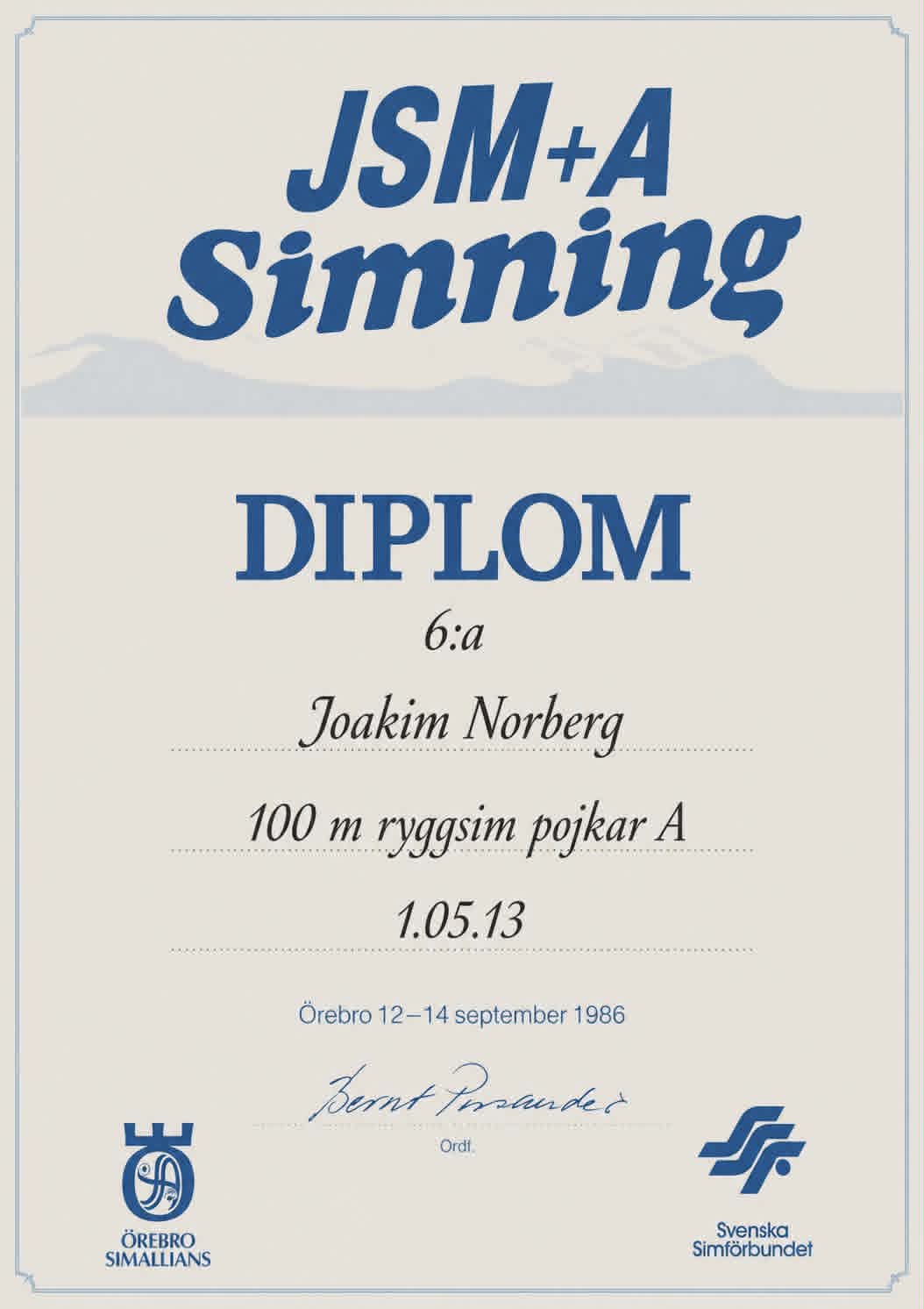 Diplom från Junior-SM i simning, Örebro 1986