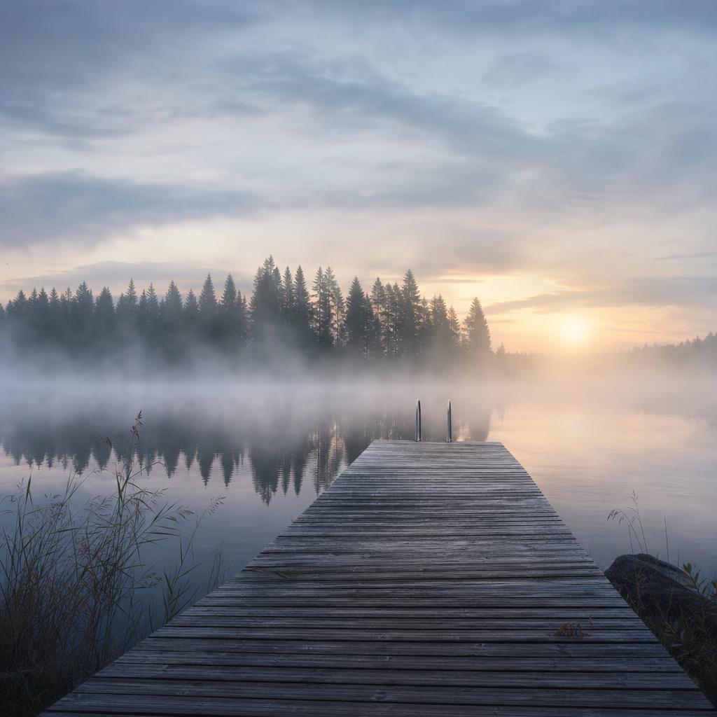 Brygga vid stilla nordisk sjö i morgondimma.
