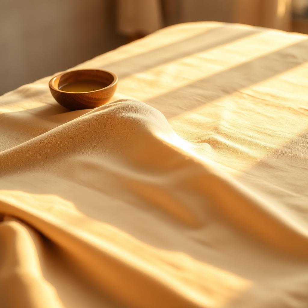 Linnedraperad behandlingsbänk i varmt gyllene ljus — traditionell massage med Doriteas närvaro.